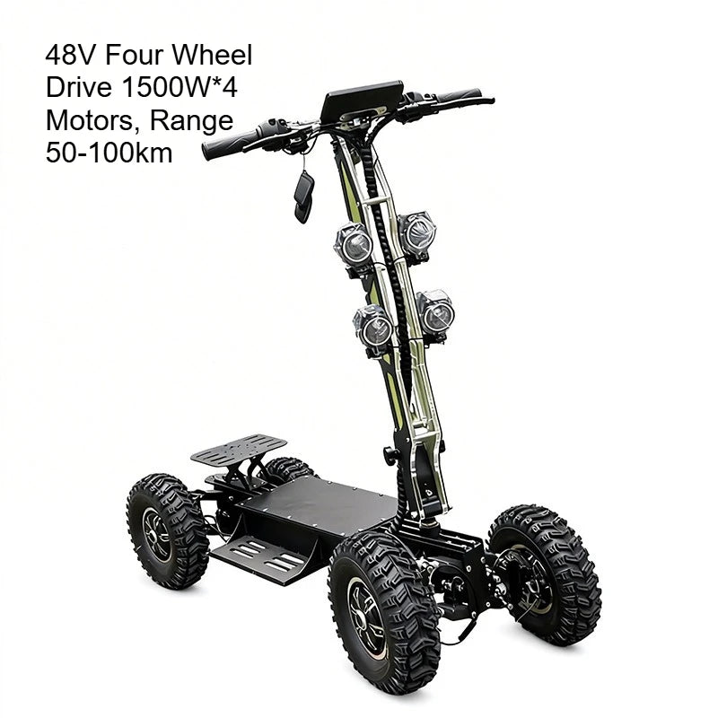 Scooter Elétrico de Alta Velocidade de 13 Polegadas com 4 Rodas – Veículo Dobrável Off-Road com Tração Dupla/Integral para Uso Externo e Patrulha
