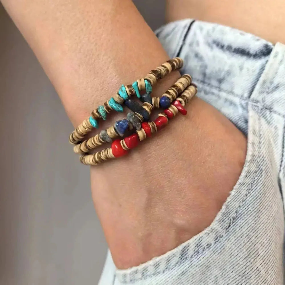 Bohemia casca de coco madeira grânulo pulseira retro irregular pedra natural jóias masculinas acessórios de moda presentes femininos