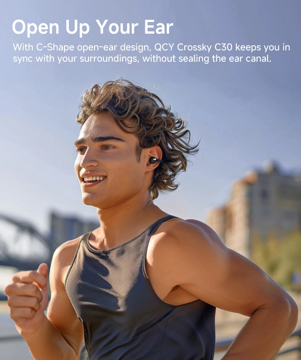 Fones de Ouvido Sem Fio QCY Crossky C30 — Bluetooth 5.4, Clip para Ouvido, 25h de Bateria, IPX4