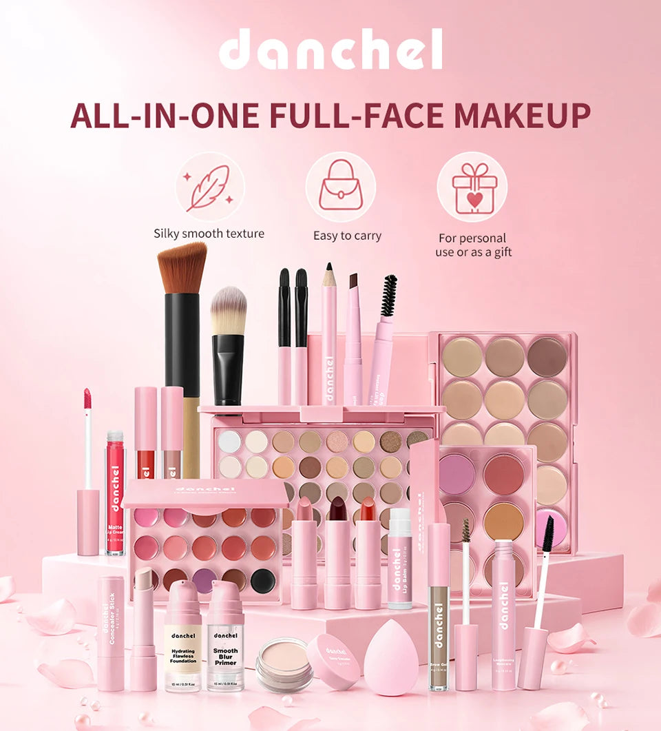 Kit de Maquiagem Completo para Rosto — Base, Corretivo, Blush, Sombra, Sobrancelha e Esponjas