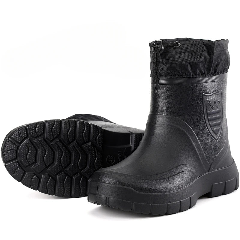 2024 botas de chuva masculinas versáteis à prova dwaterproof água ao ar livre sapato leve veludo moda bota curta casual conforto masculino sapatos de água