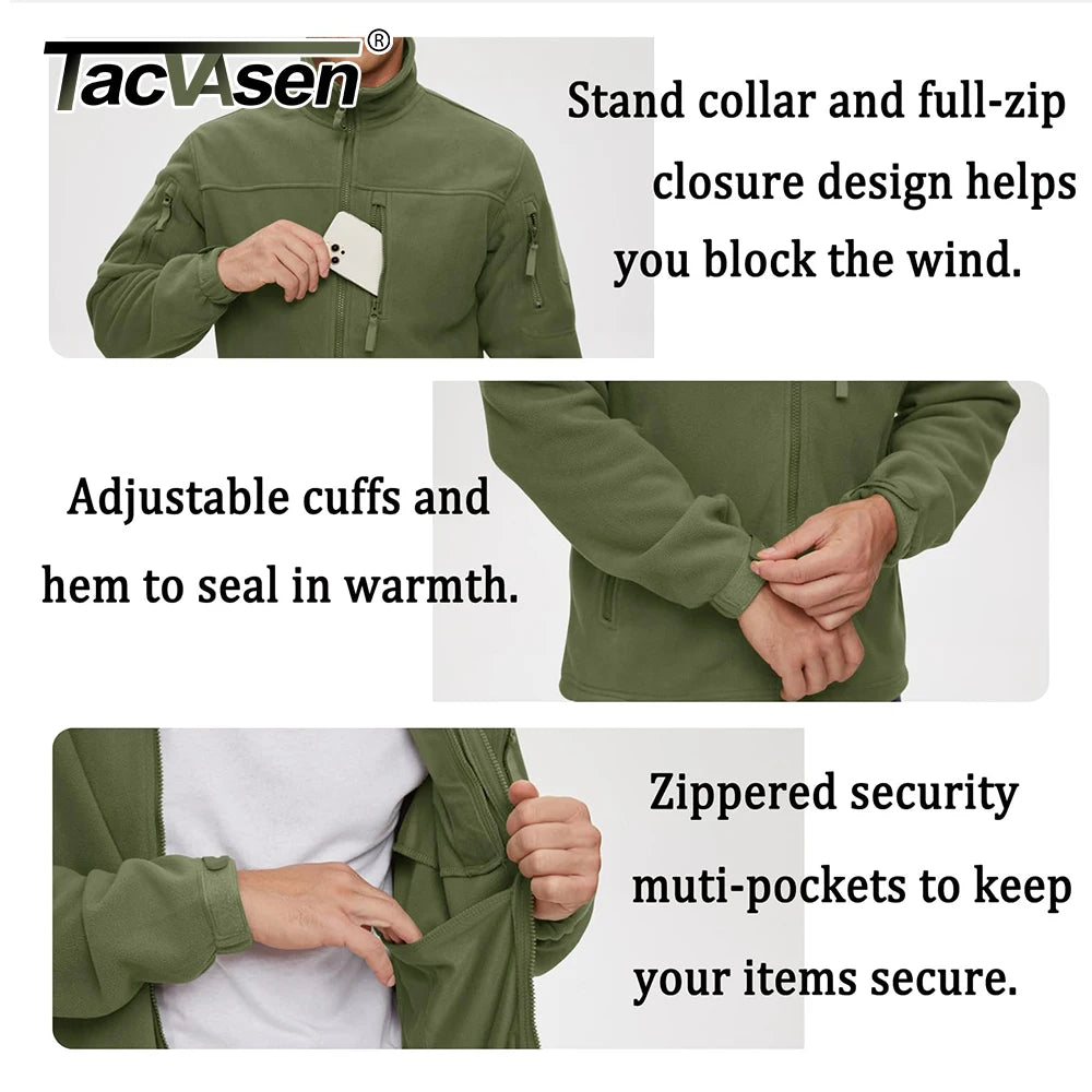 Tacvasen jaqueta de lã masculina, casaco macio e quente à prova de vento com zíper completo, vários bolsos com zíper, caminhadas, trabalho ao ar livre, corta-vento