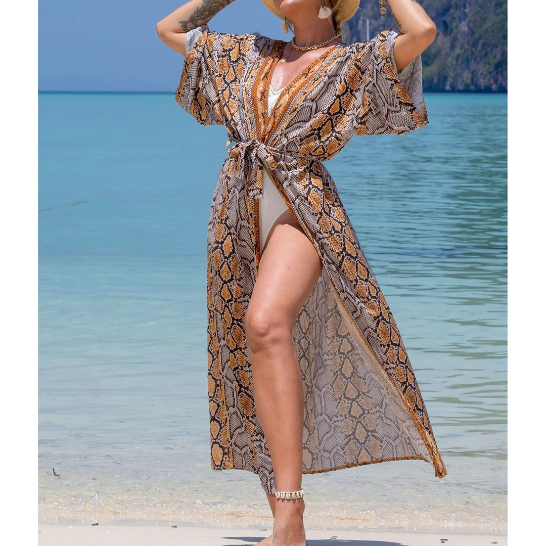 Quimono Boho Longo de Praia — Estampado, Feminino e Perfeito para o Verão
