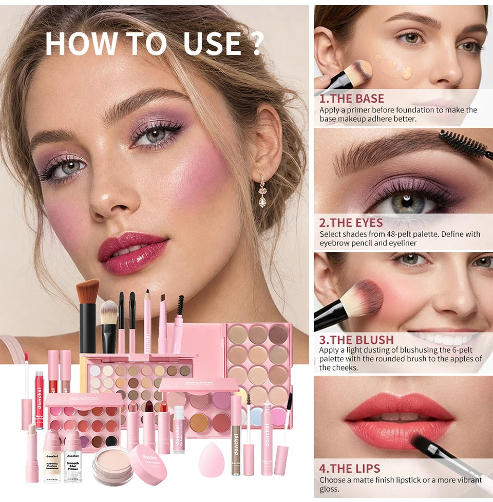 Kit de Maquiagem Completo para Rosto — Base, Corretivo, Blush, Sombra, Sobrancelha e Esponjas