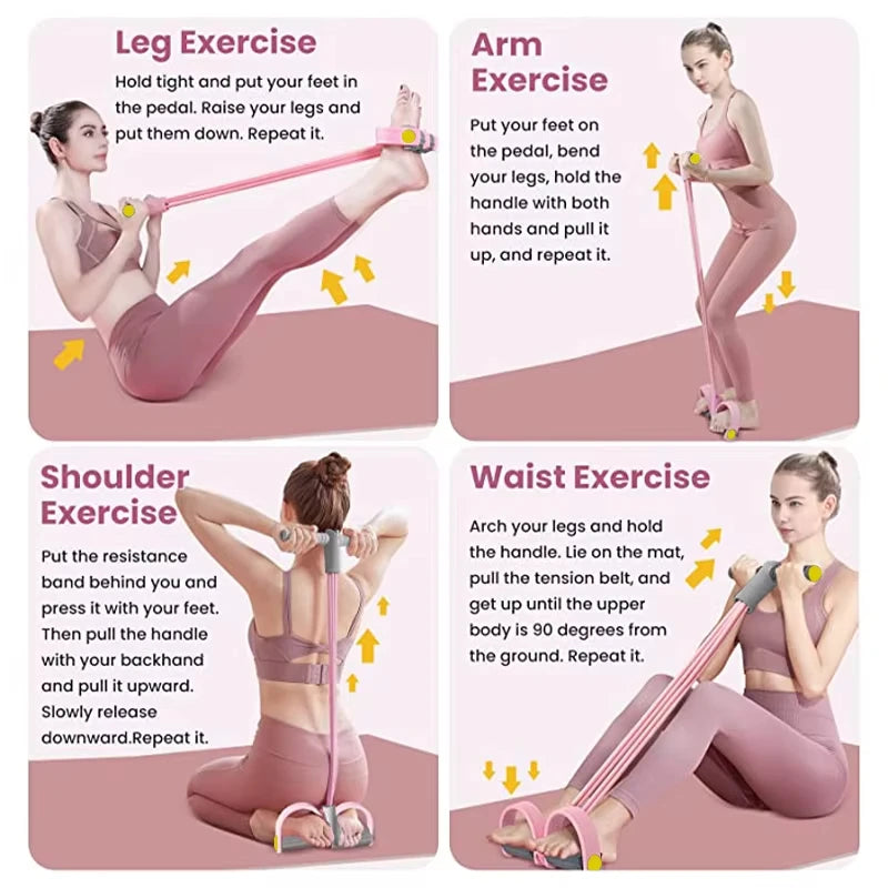 Kit Faixas de Resistência com 4 Tubos e Pedal — Elástico para Treino de Abdômen, Cintura e Braços