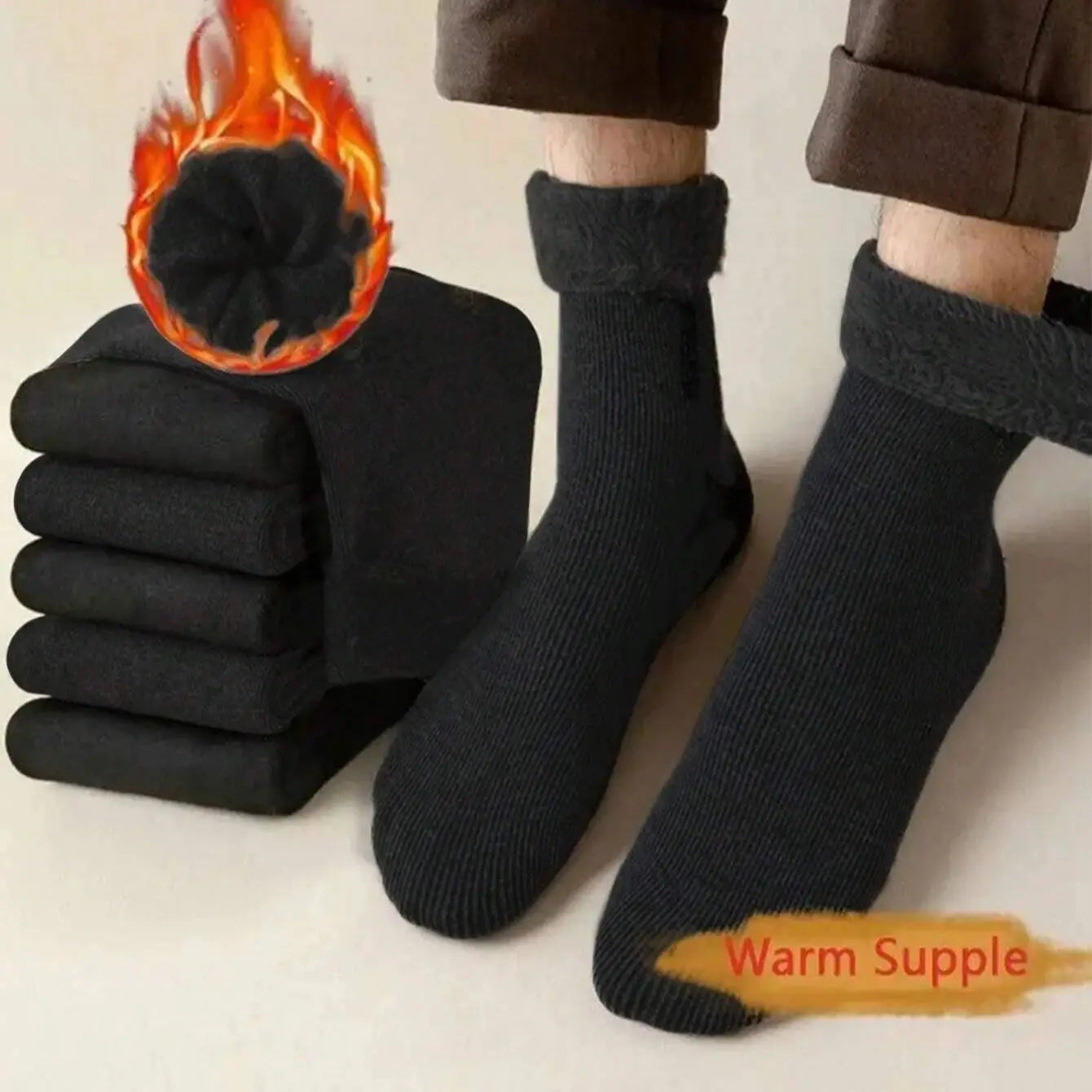 3Pairs Men's Thermal Lined Socks, Thick Soft Comfortable Sock For Cold Weather, Winter Hiking Boots, Black
