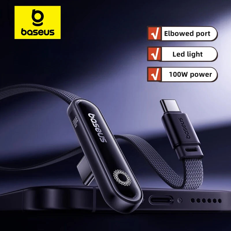 Cabo USB C Baseus MVP3 com Conector em Ângulo de 100W para iPhone 16 15 Pro Max, Cabo Tipo C com Luz LED para Macbook Pro, Xiaomi, Samsung 1