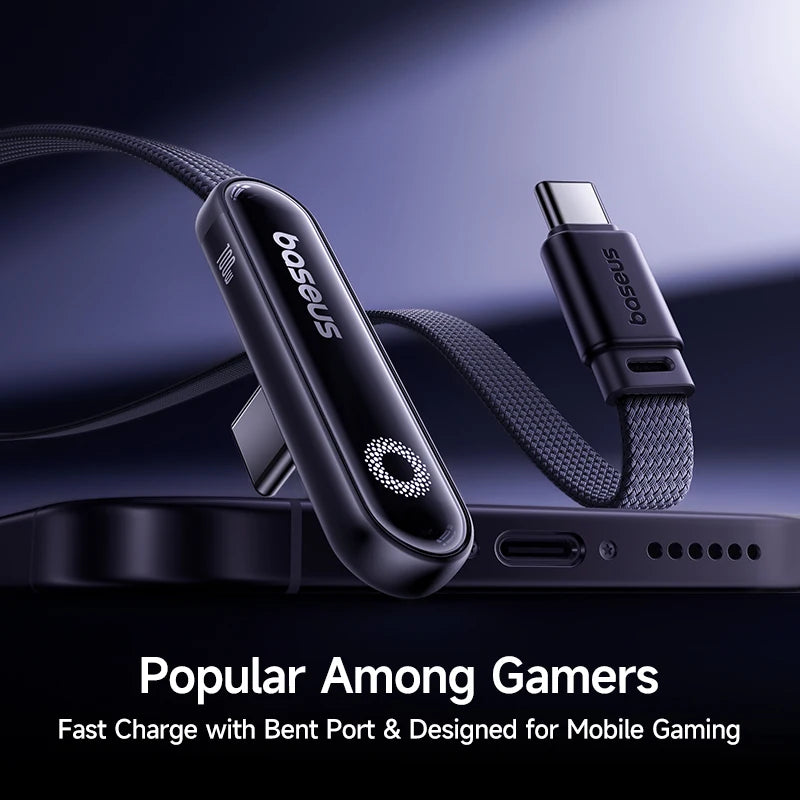Cabo USB C Baseus MVP3 com Conector em Ângulo de 100W para iPhone 16 15 Pro Max, Cabo Tipo C com Luz LED para Macbook Pro, Xiaomi, Samsung 2