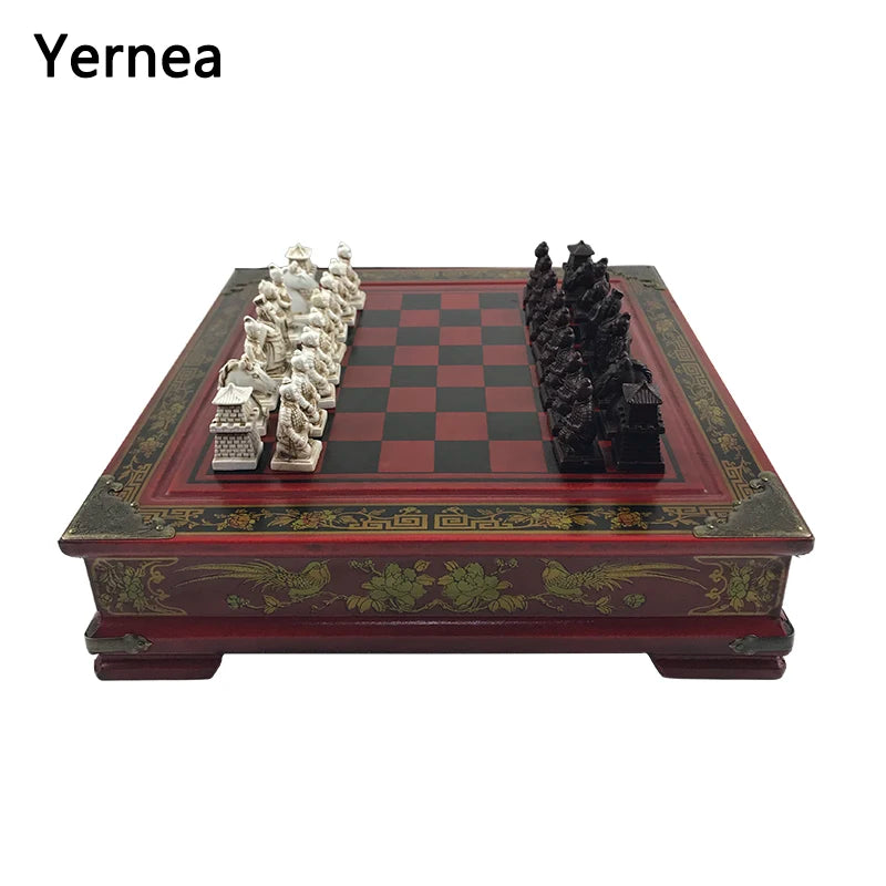 Coleção Retrô de Xadrez 26cm/10.24 polegadas, Peças de Xadrez de Guerreiros de Terracota em Madeira Esculpida e Resina, Presentes para Aniversário e Diversas Festas 1
