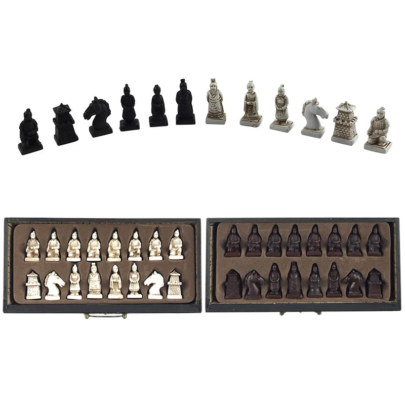 Coleção Retrô de Xadrez 26cm/10.24 polegadas, Peças de Xadrez de Guerreiros de Terracota em Madeira Esculpida e Resina, Presentes para Aniversário e Diversas Festas 4
