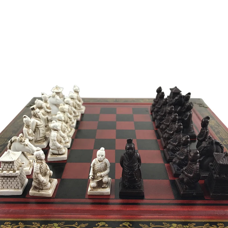 Coleção Retrô de Xadrez 26cm/10.24 polegadas, Peças de Xadrez de Guerreiros de Terracota em Madeira Esculpida e Resina, Presentes para Aniversário e Diversas Festas 5