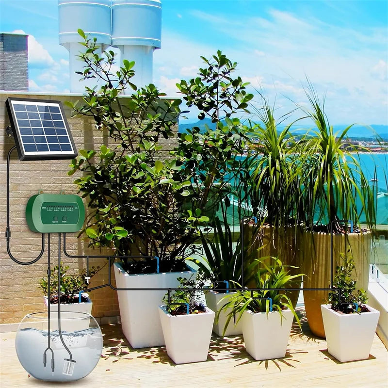 Conjunto de irrigação por gotejamento para vasos, sistema solar para jardim, sistema de rega automático 2