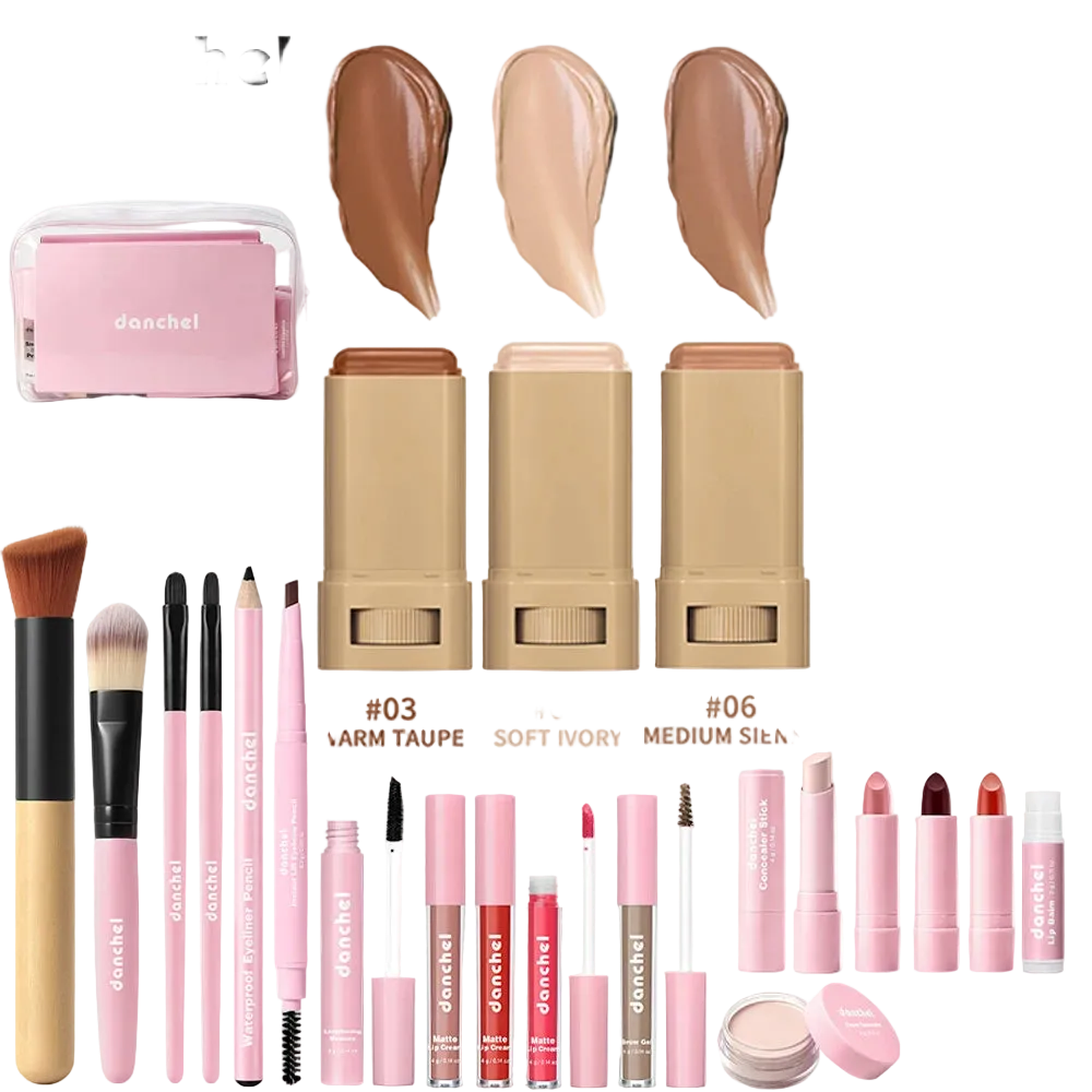 Conjunto de Maquiagem Completo para Rosto — Base, Corretivo, Blush, Sombra, Sobrancelha e Esponjas 1