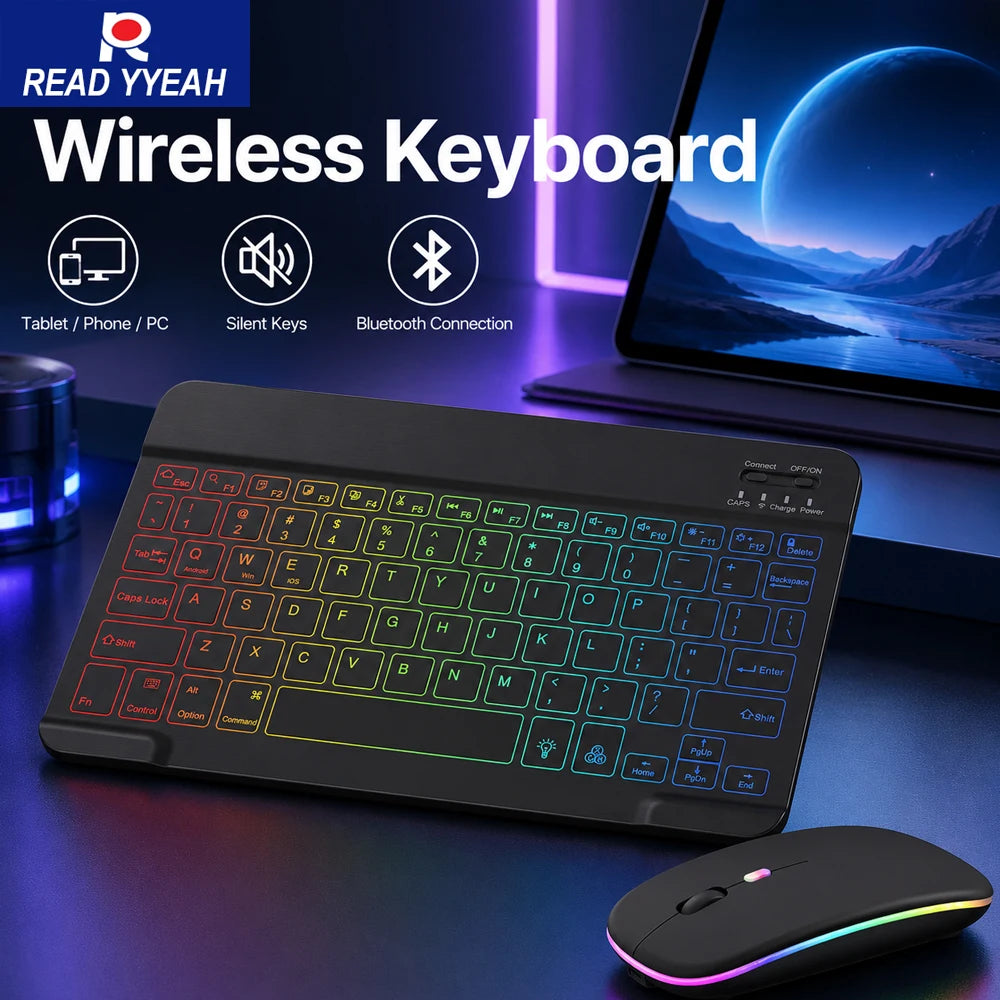 Conjunto de Teclado e Mouse Bluetooth Sem Fio com Luz de Fundo em 7 Cores, Teclado Portátil Recarregável Multilíngue para iPad, Android e Windows 1