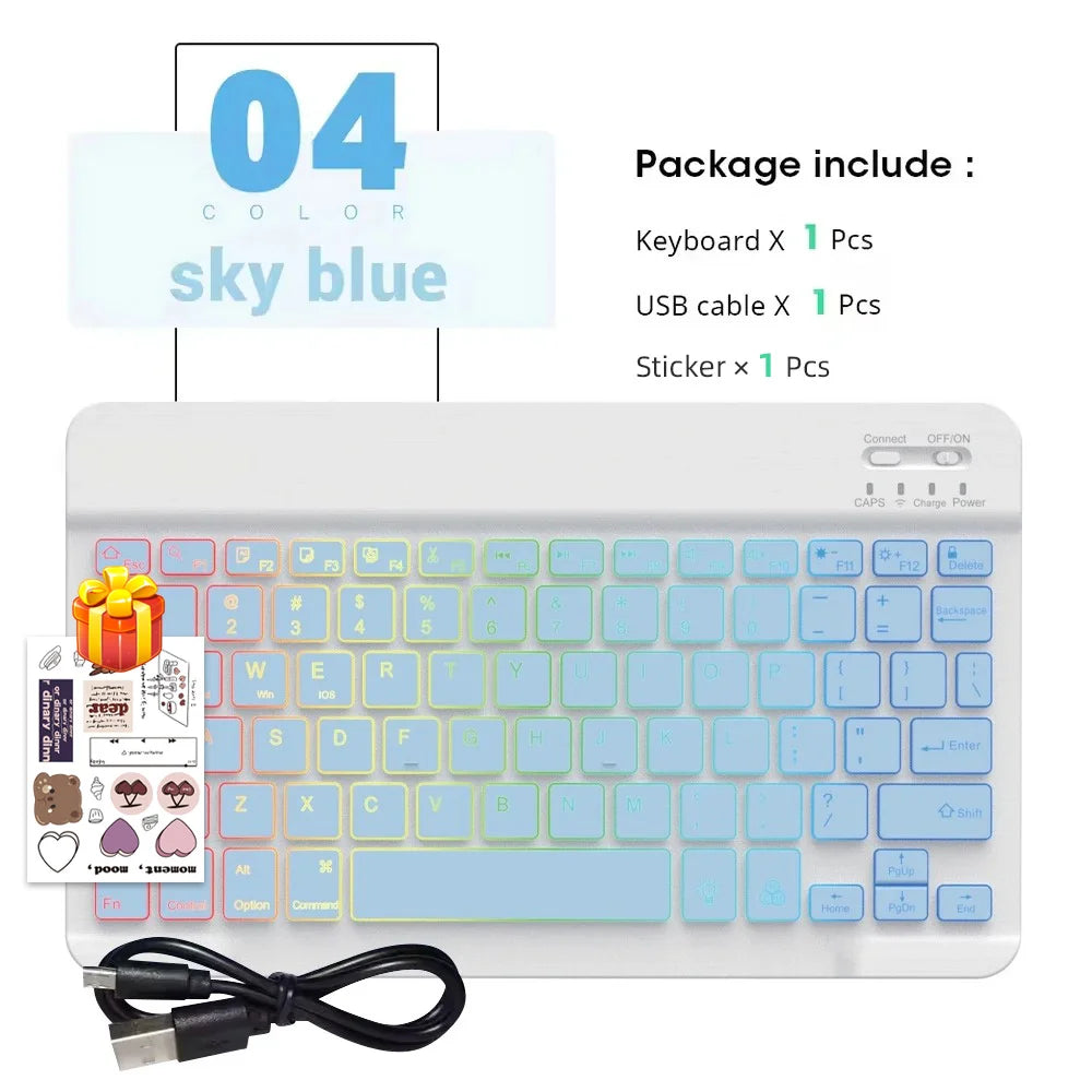 Conjunto de Teclado e Mouse Bluetooth Sem Fio com Luz de Fundo em 7 Cores, Teclado Portátil Recarregável Multilíngue para iPad, Android e Windows 10