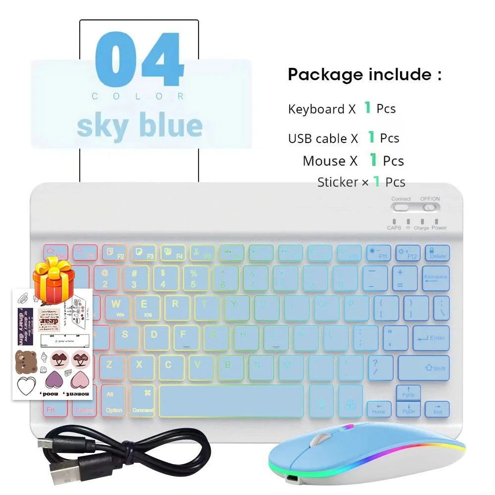 Conjunto de Teclado e Mouse Bluetooth Sem Fio com Luz de Fundo em 7 Cores, Teclado Portátil Recarregável Multilíngue para iPad, Android e Windows 11