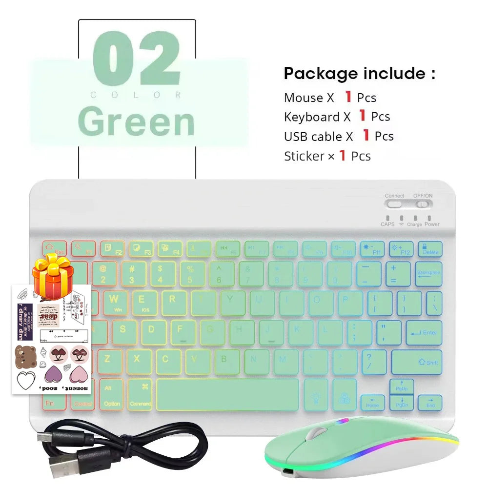 Conjunto de Teclado e Mouse Bluetooth Sem Fio com Luz de Fundo em 7 Cores, Teclado Portátil Recarregável Multilíngue para iPad, Android e Windows 12