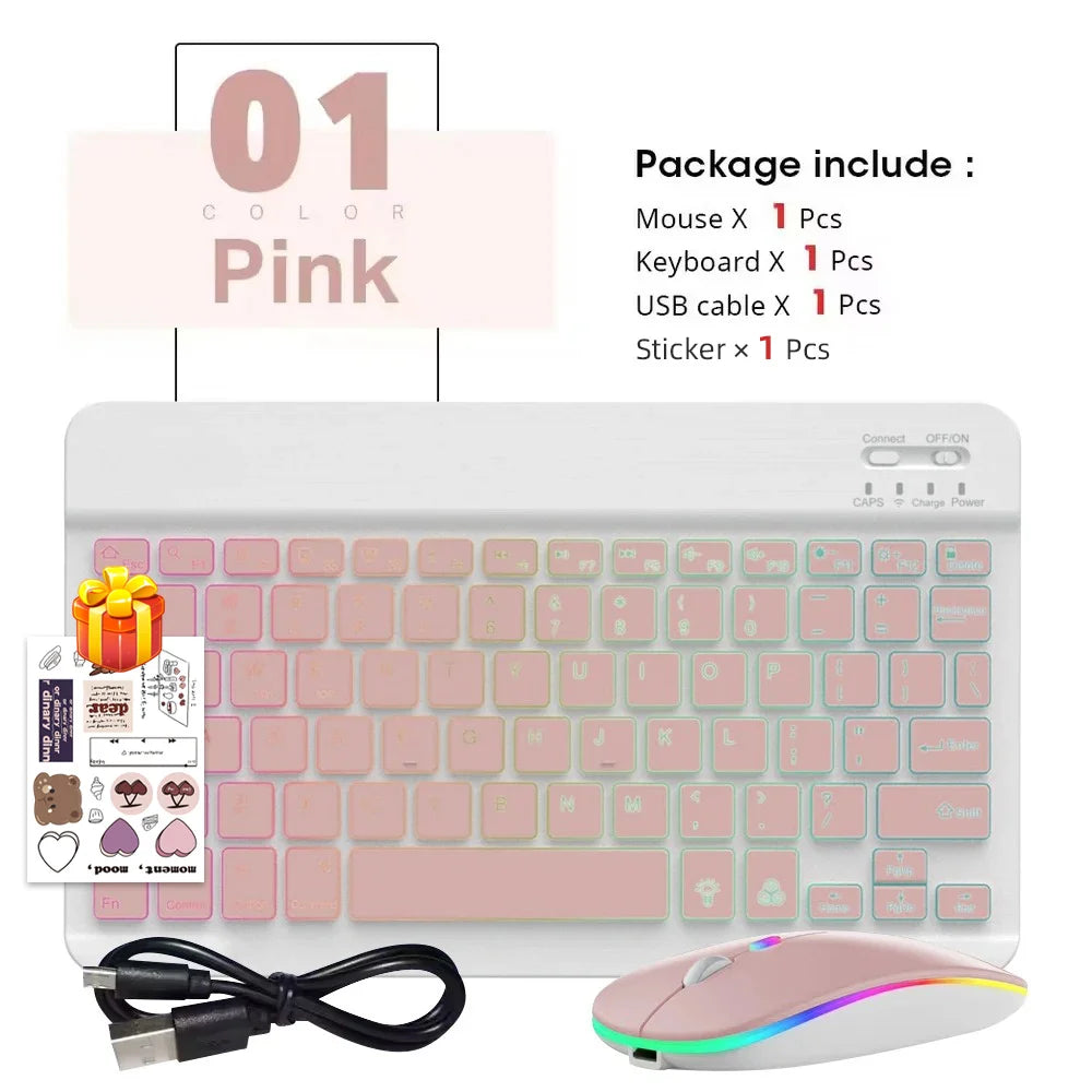 Conjunto de Teclado e Mouse Bluetooth Sem Fio com Luz de Fundo em 7 Cores, Teclado Portátil Recarregável Multilíngue para iPad, Android e Windows 13