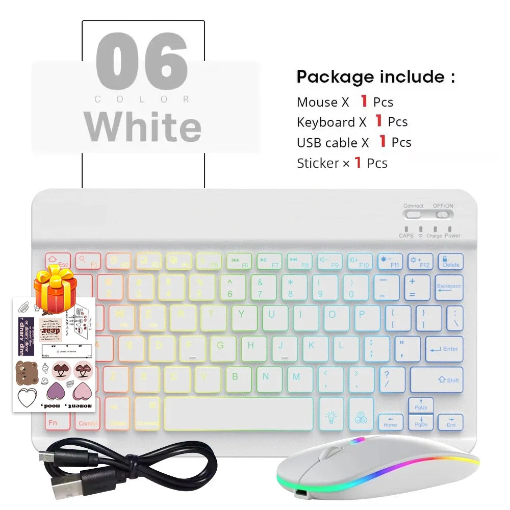 Conjunto de Teclado e Mouse Bluetooth Sem Fio com Luz de Fundo em 7 Cores, Teclado Portátil Recarregável Multilíngue para iPad, Android e Windows 14