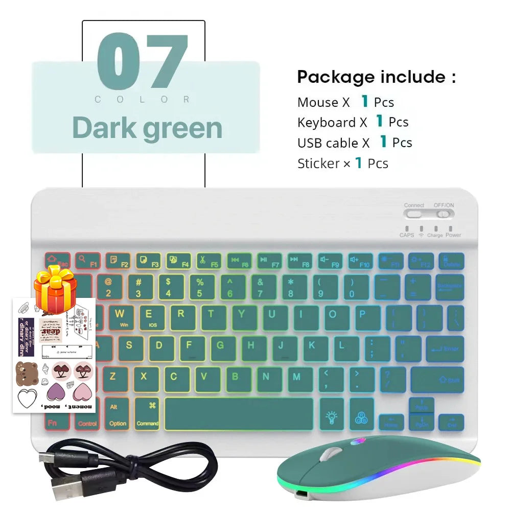Conjunto de Teclado e Mouse Bluetooth Sem Fio com Luz de Fundo em 7 Cores, Teclado Portátil Recarregável Multilíngue para iPad, Android e Windows 15