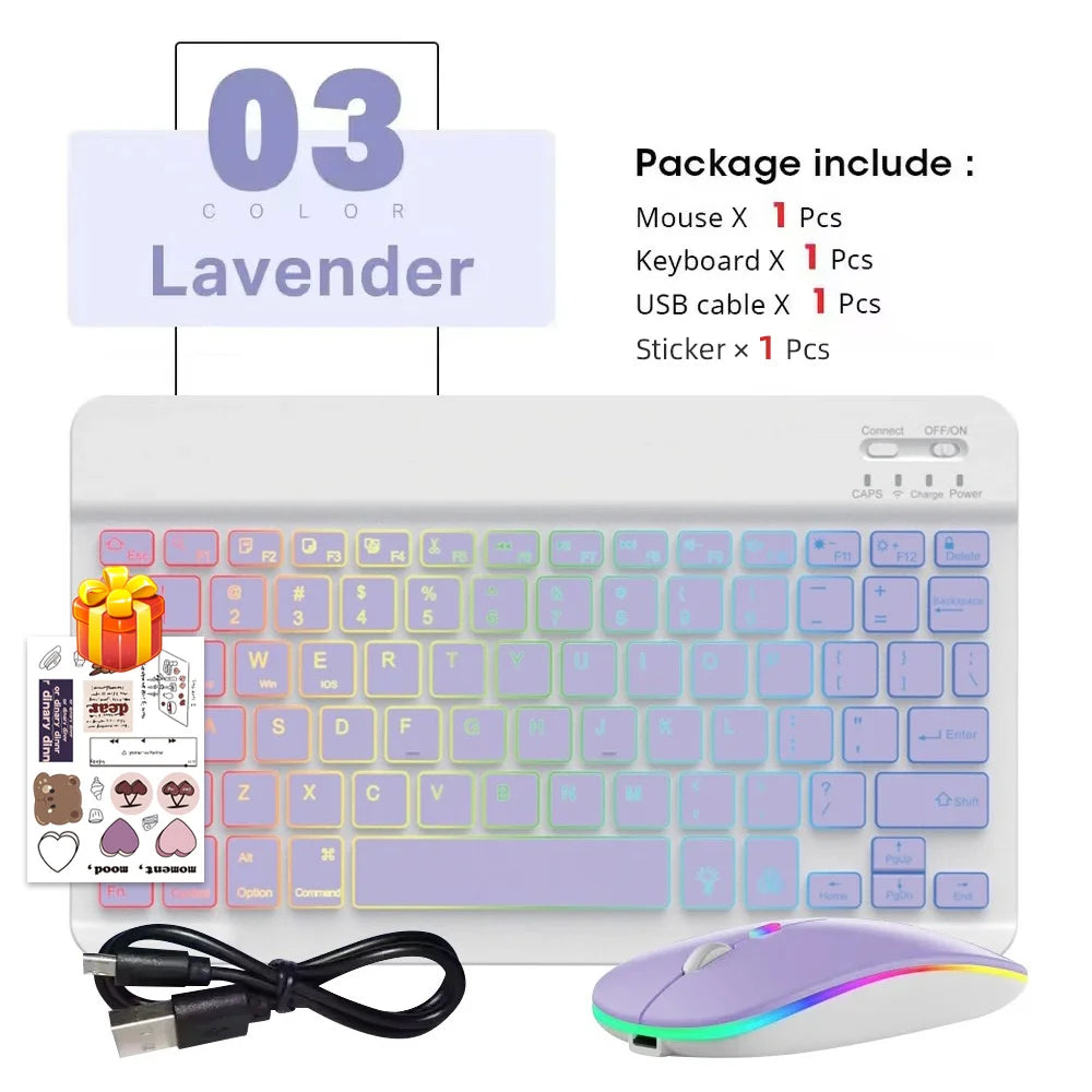 Conjunto de Teclado e Mouse Bluetooth Sem Fio com Luz de Fundo em 7 Cores, Teclado Portátil Recarregável Multilíngue para iPad, Android e Windows 17