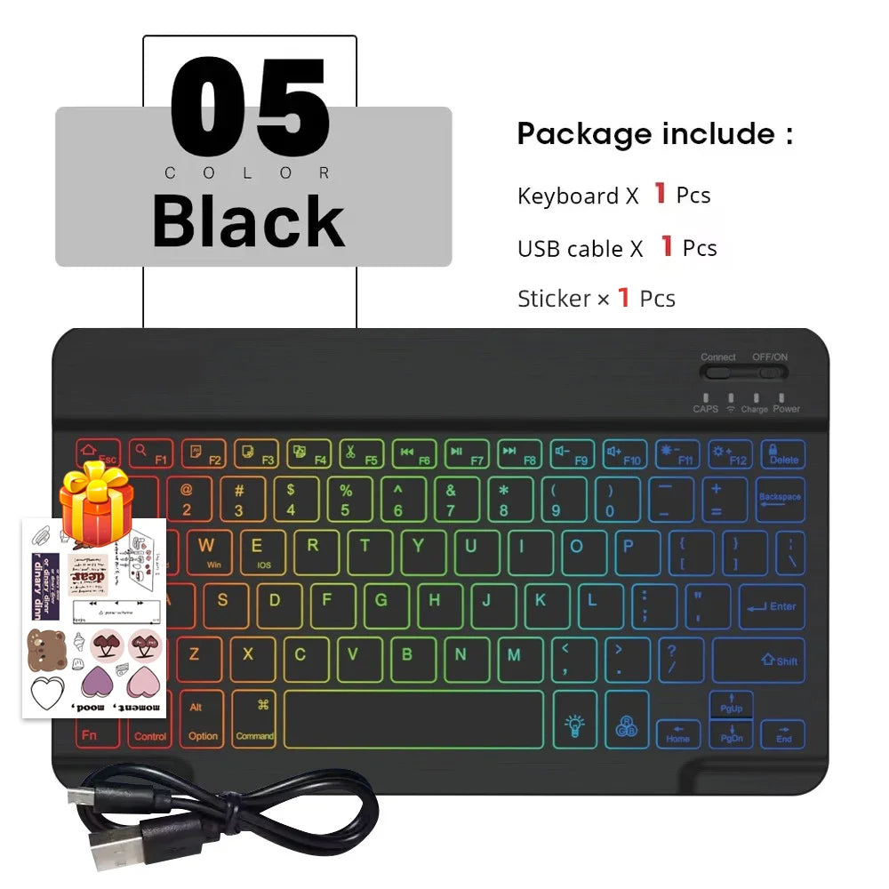 Conjunto de Teclado e Mouse Bluetooth Sem Fio com Luz de Fundo em 7 Cores, Teclado Portátil Recarregável Multilíngue para iPad, Android e Windows 18