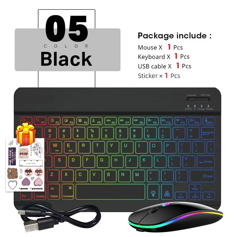 Conjunto de Teclado e Mouse Bluetooth Sem Fio com Luz de Fundo em 7 Cores, Teclado Portátil Recarregável Multilíngue para iPad, Android e Windows 19