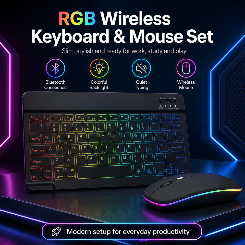Conjunto de Teclado e Mouse Bluetooth Sem Fio com Luz de Fundo em 7 Cores, Teclado Portátil Recarregável Multilíngue para iPad, Android e Windows 2