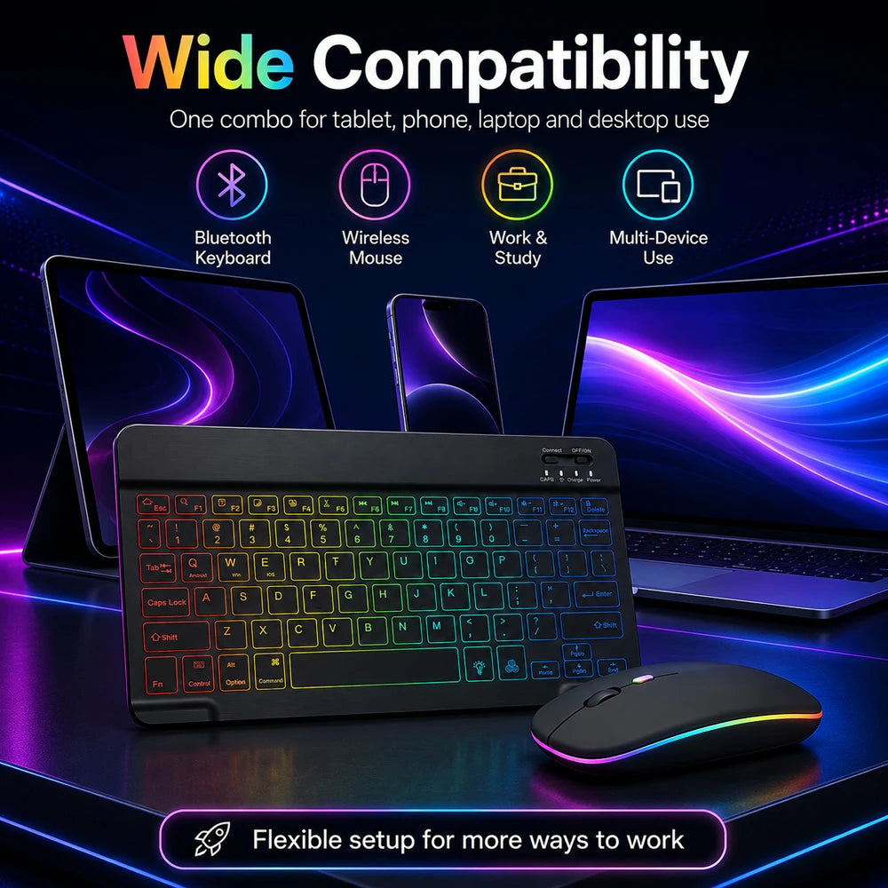 Conjunto de Teclado e Mouse Bluetooth Sem Fio com Luz de Fundo em 7 Cores, Teclado Portátil Recarregável Multilíngue para iPad, Android e Windows 3