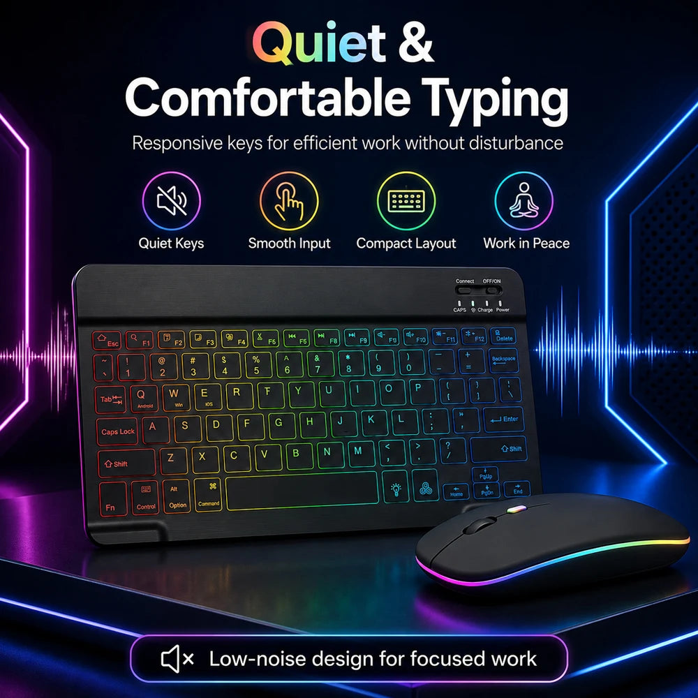 Conjunto de Teclado e Mouse Bluetooth Sem Fio com Luz de Fundo em 7 Cores, Teclado Portátil Recarregável Multilíngue para iPad, Android e Windows 4