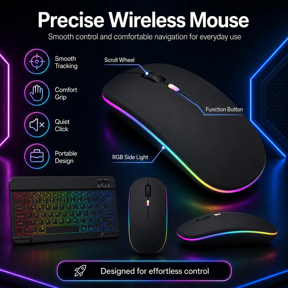 Conjunto de Teclado e Mouse Bluetooth Sem Fio com Luz de Fundo em 7 Cores, Teclado Portátil Recarregável Multilíngue para iPad, Android e Windows 5