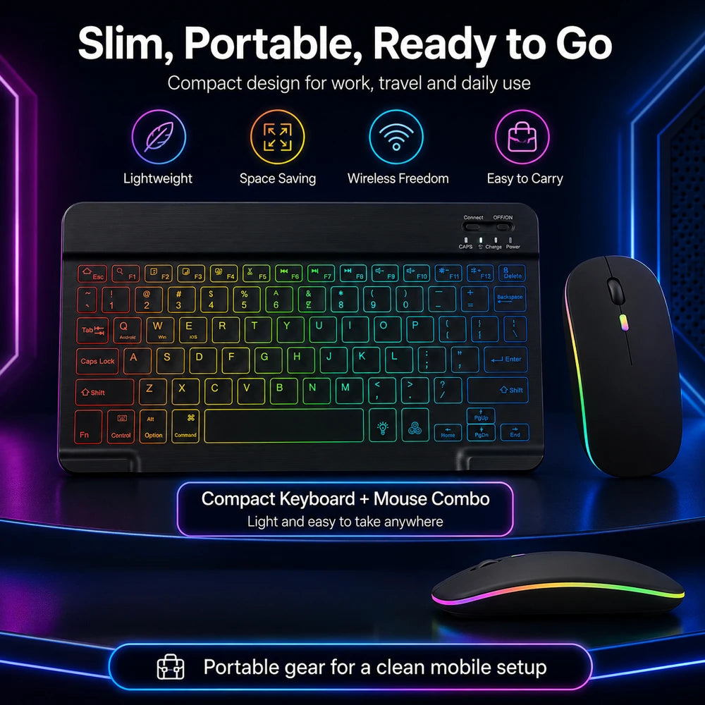 Conjunto de Teclado e Mouse Bluetooth Sem Fio com Luz de Fundo em 7 Cores, Teclado Portátil Recarregável Multilíngue para iPad, Android e Windows 6