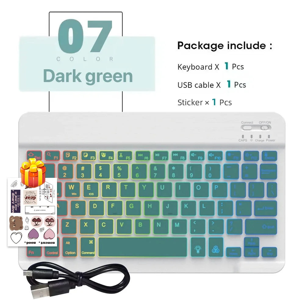 Conjunto de Teclado e Mouse Bluetooth Sem Fio com Luz de Fundo em 7 Cores, Teclado Portátil Recarregável Multilíngue para iPad, Android e Windows 7