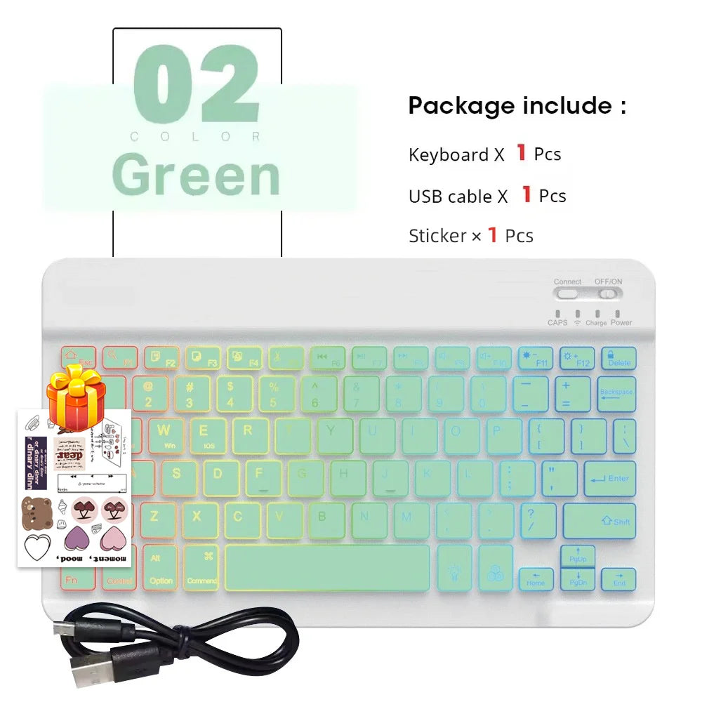 Conjunto de Teclado e Mouse Bluetooth Sem Fio com Luz de Fundo em 7 Cores, Teclado Portátil Recarregável Multilíngue para iPad, Android e Windows 8