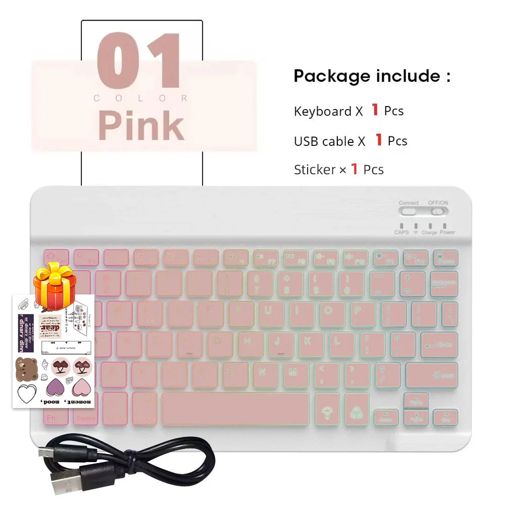 Conjunto de Teclado e Mouse Bluetooth Sem Fio com Luz de Fundo em 7 Cores, Teclado Portátil Recarregável Multilíngue para iPad, Android e Windows 9