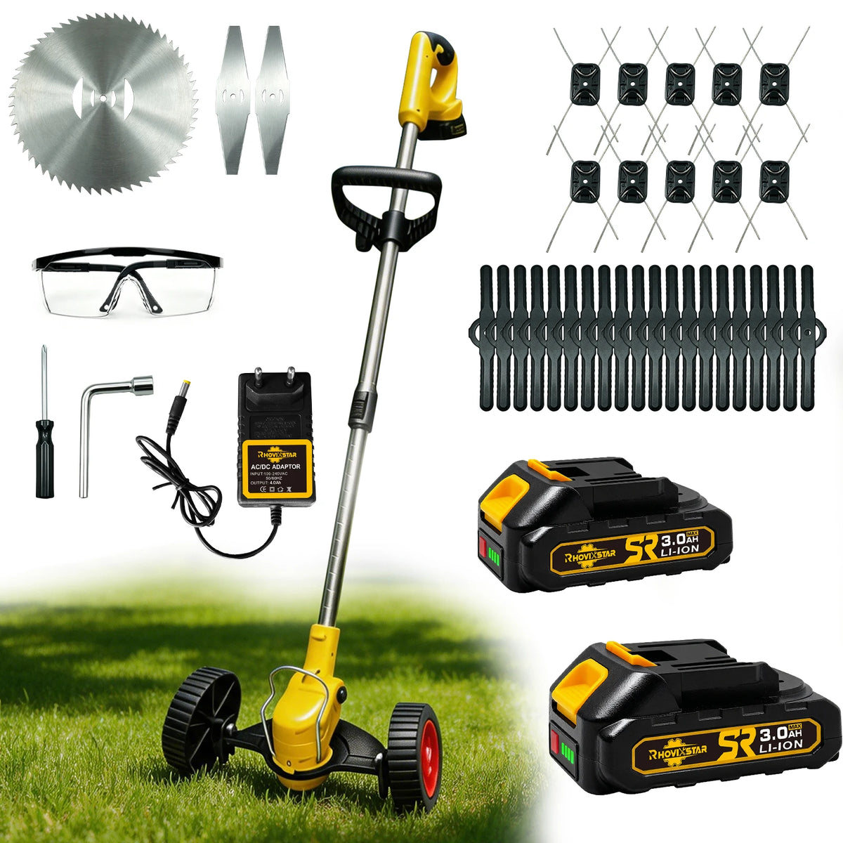 Cortador de Grama Elétrico Brushless 12V Sem Fio Telescópico - Com 2 Baterias 3.0Ah, Lâminas de Metal e Acessórios Completos 1
