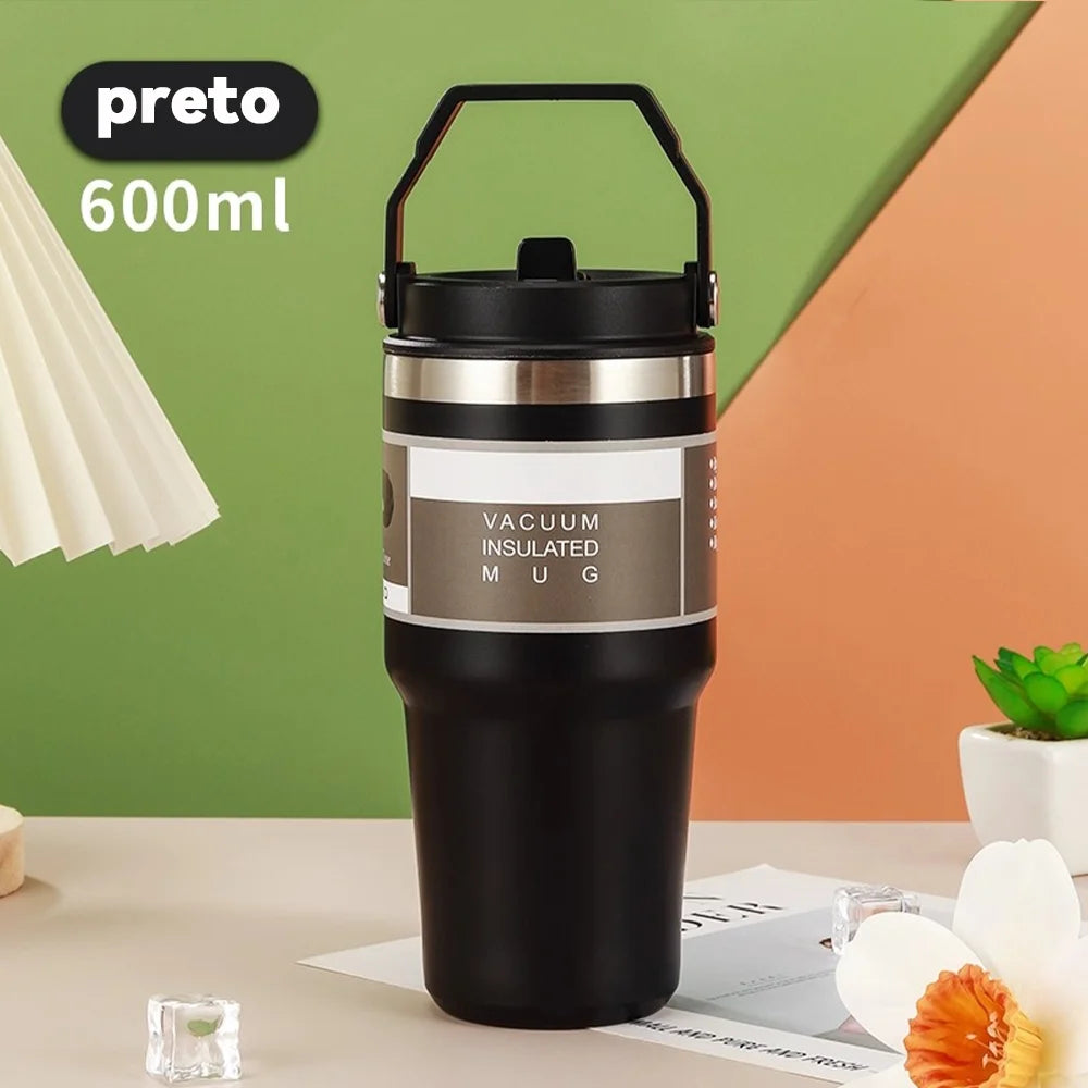 Garrafa Térmica de Aço Inoxidável 600ml 900ml com Alça e Tampa Flip, Manutenção de Temperatura para Trabalho, Academia e Viagens 12