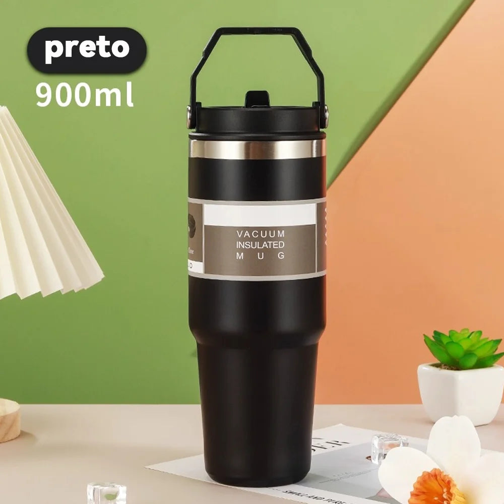 Garrafa Térmica de Aço Inoxidável 600ml 900ml com Alça e Tampa Flip, Manutenção de Temperatura para Trabalho, Academia e Viagens 7
