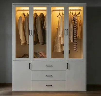 Guarda-Roupa com Iluminação LED, Armário Versátil com Portas, Armário com Cabideiro, Guarda-Roupa com Gavetas 1