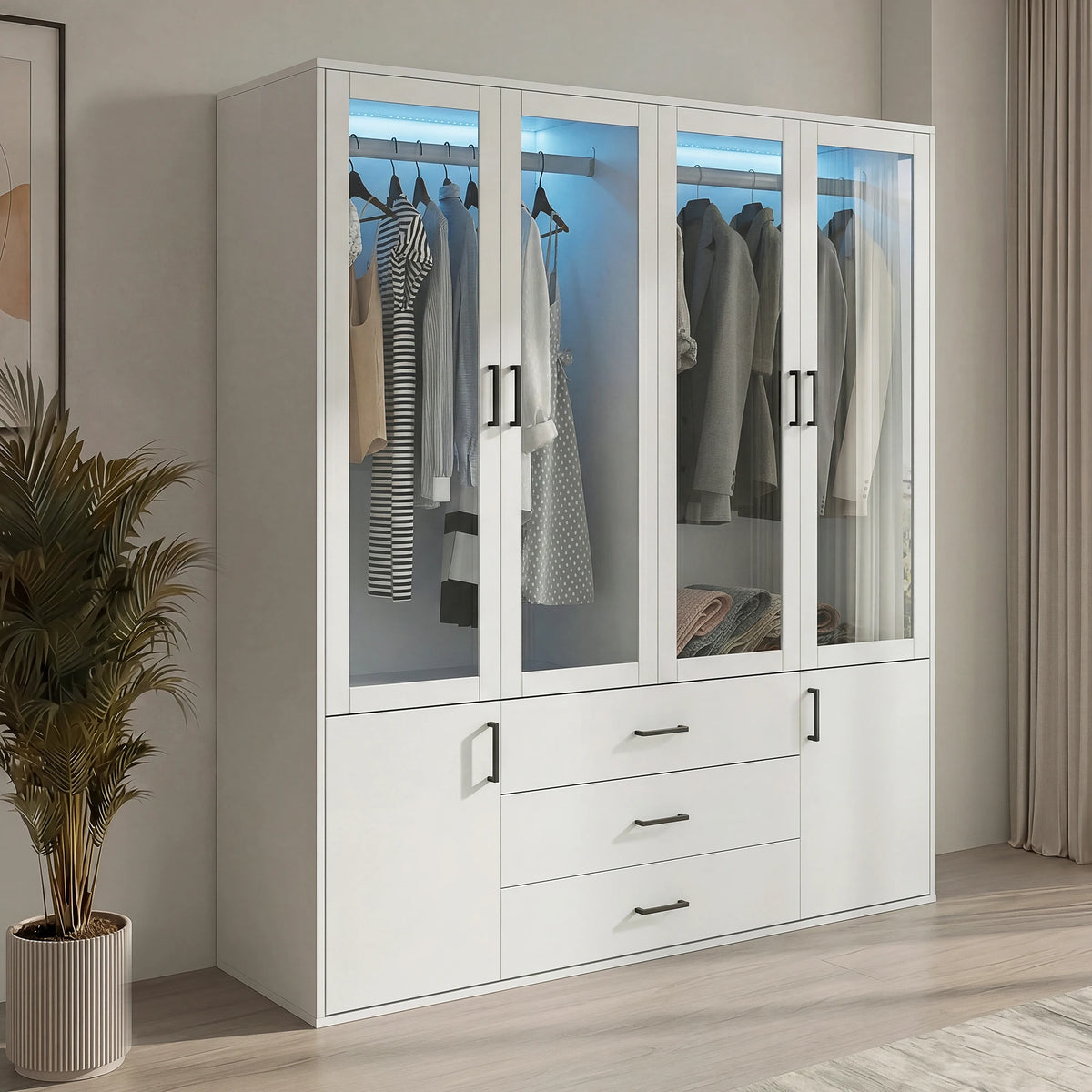 Guarda-Roupa com Iluminação LED, Armário Versátil com Portas, Armário com Cabideiro, Guarda-Roupa com Gavetas 2