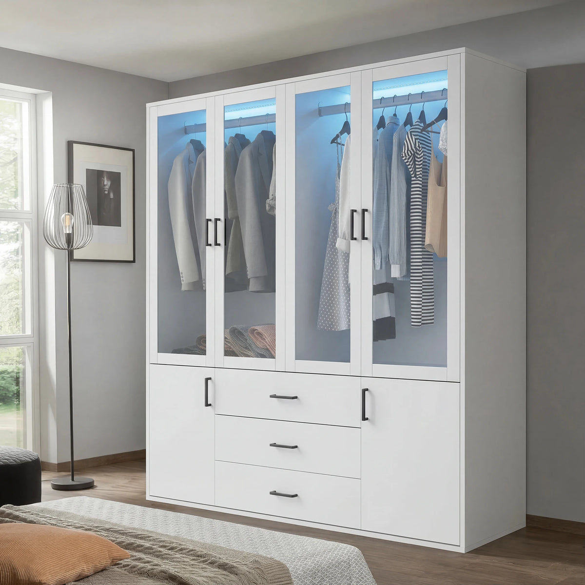 Guarda-Roupa com Iluminação LED, Armário Versátil com Portas, Armário com Cabideiro, Guarda-Roupa com Gavetas 3