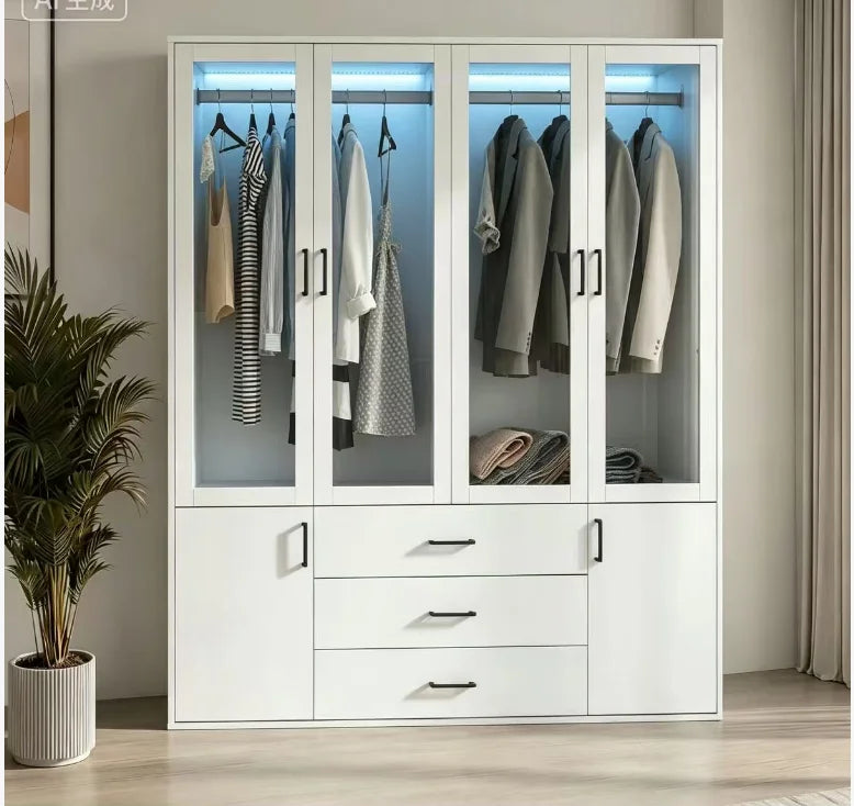Guarda-Roupa com Iluminação LED, Armário Versátil com Portas, Armário com Cabideiro, Guarda-Roupa com Gavetas 4