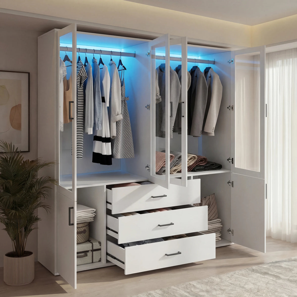 Guarda-Roupa com Iluminação LED, Armário Versátil com Portas, Armário com Cabideiro, Guarda-Roupa com Gavetas 5