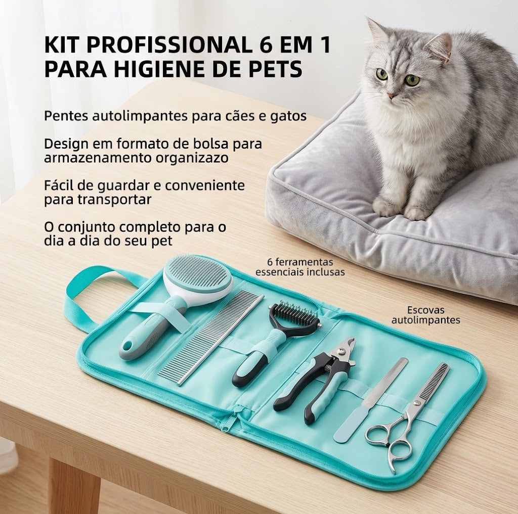 Kit Profissional 6 em 1 para Higiene de Pets — Escovas Autolimpantes para Cães e Gatos com Bolsa Portátil 12