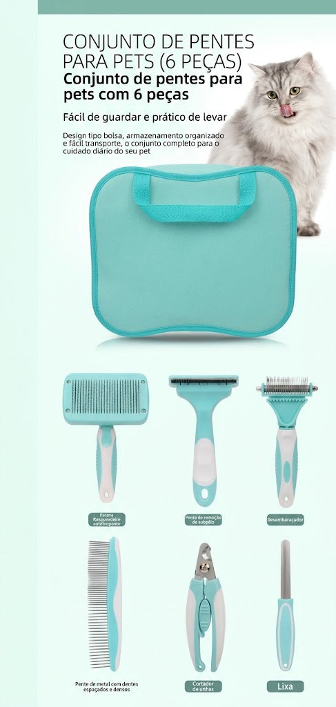 Kit Profissional 6 em 1 para Higiene de Pets — Escovas Autolimpantes para Cães e Gatos com Bolsa Portátil 15