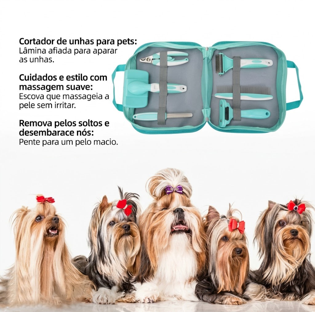 Kit Profissional 6 em 1 para Higiene de Pets — Escovas Autolimpantes para Cães e Gatos com Bolsa Portátil 6