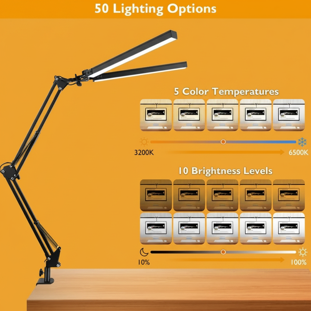 Luminária de Mesa LED com Braçadeira — Dimmer, Proteção Ocular, USB, Cabeca Simples ou Dupla 2