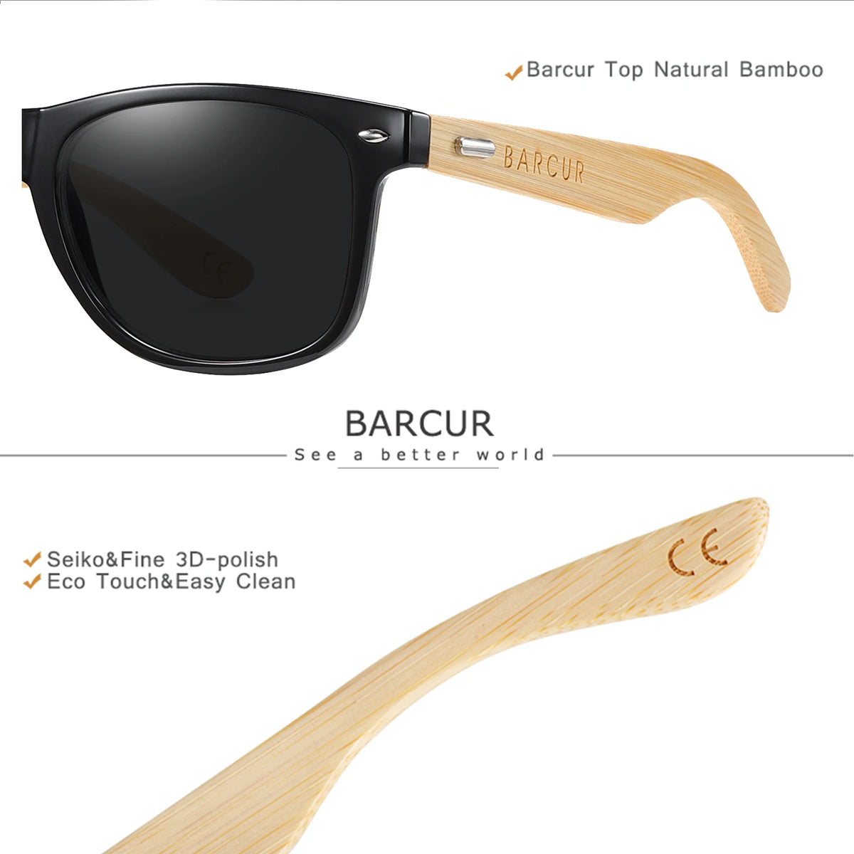 Óculos de Sol Barcur Bambu Polarizado Elegante — Proteção UV400 para Homens e Mulheres 3