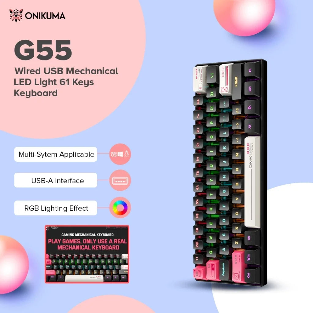 ONIKUMA G55 Teclado Mecânico para Jogos 61 Teclas Layout RGB Personalizado Com Fio Colorido LED Teclado Retroiluminado para Computador Laptop PC 1