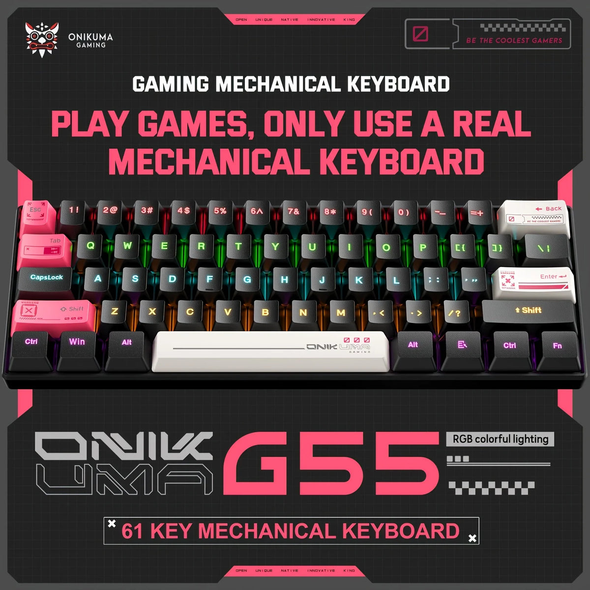 ONIKUMA G55 Teclado Mecânico para Jogos 61 Teclas Layout RGB Personalizado Com Fio Colorido LED Teclado Retroiluminado para Computador Laptop PC 2